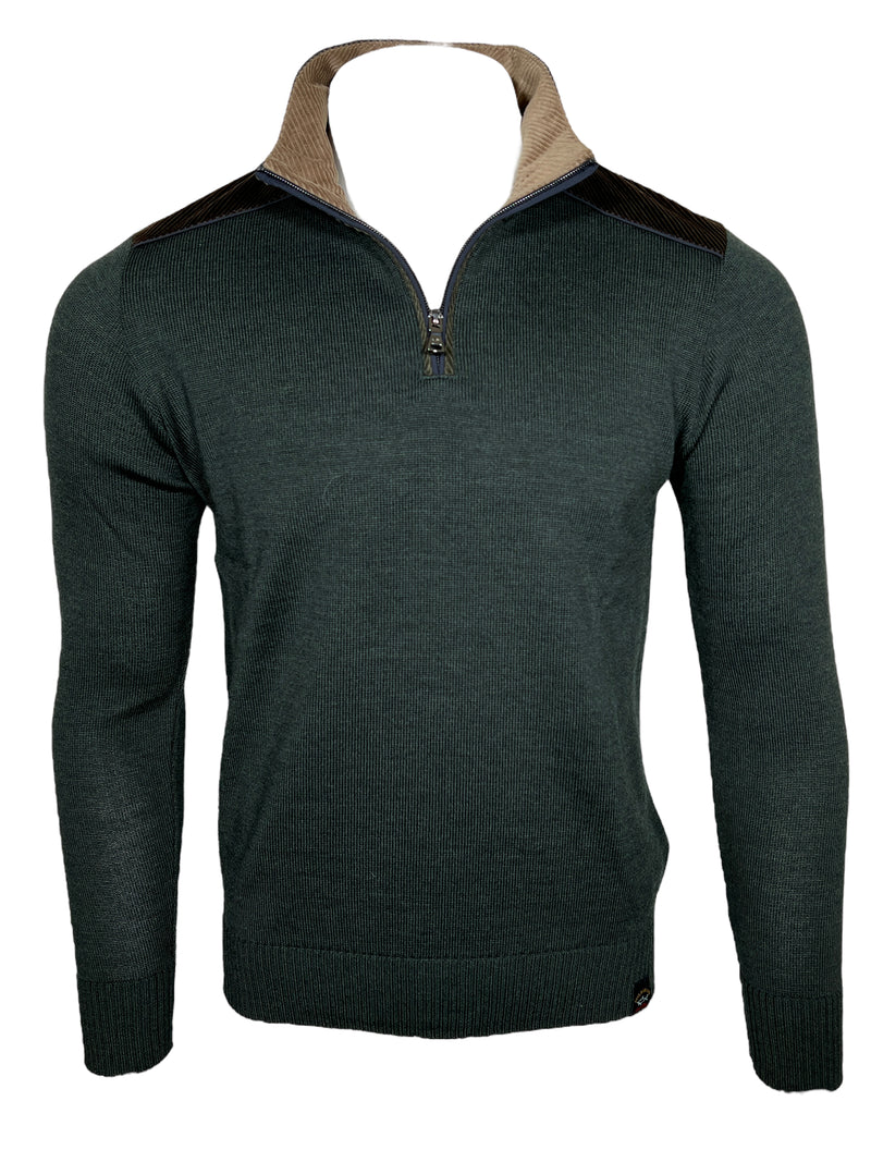 PAUL & SHARK MEN'S 1/4 ZIP SWEATER WITH CORDUROY - OLIVE