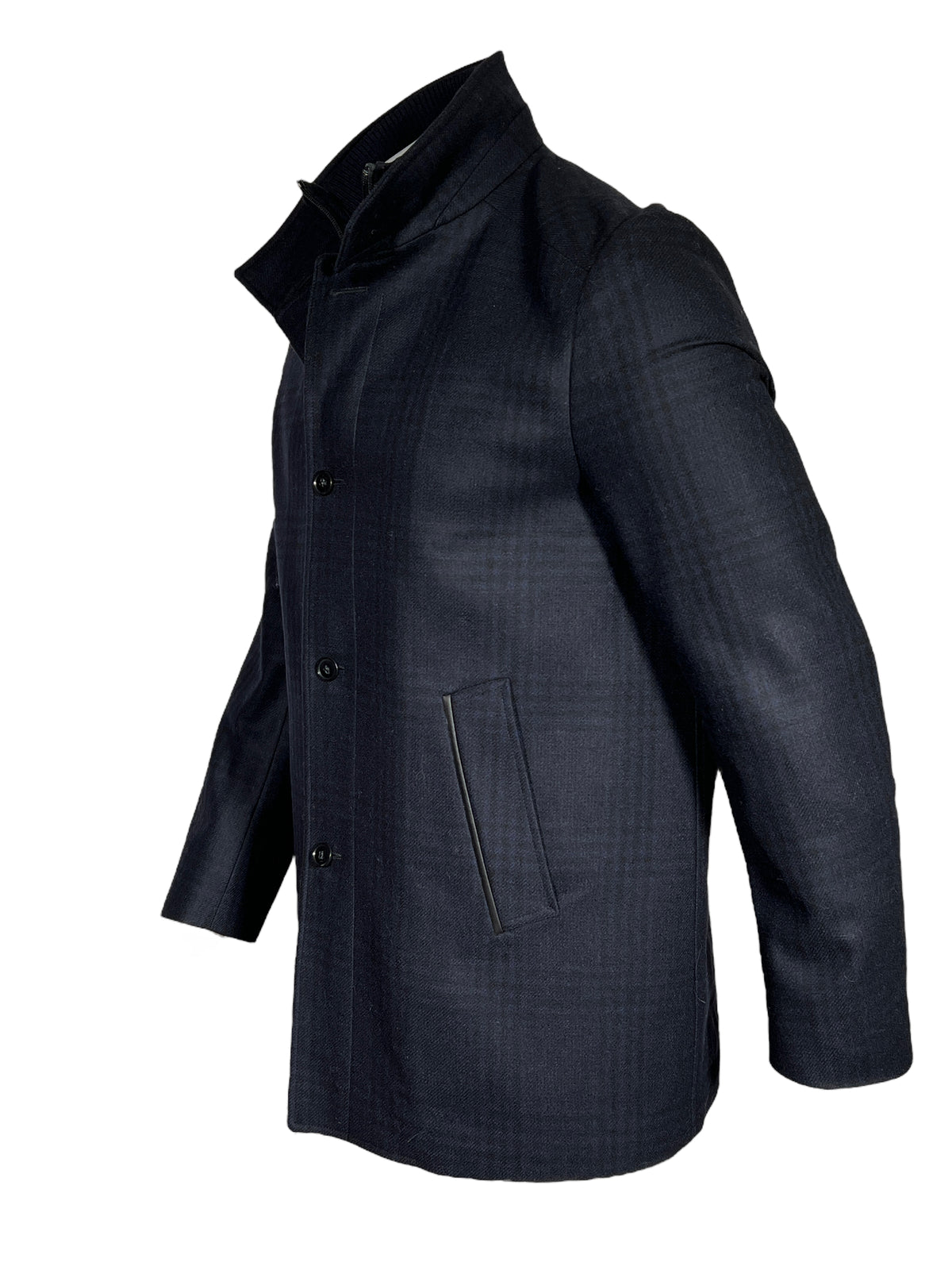 OARS & OLD IVY WOOL CAR COAT WITH LEATHER TRIM - BLACKWATCH