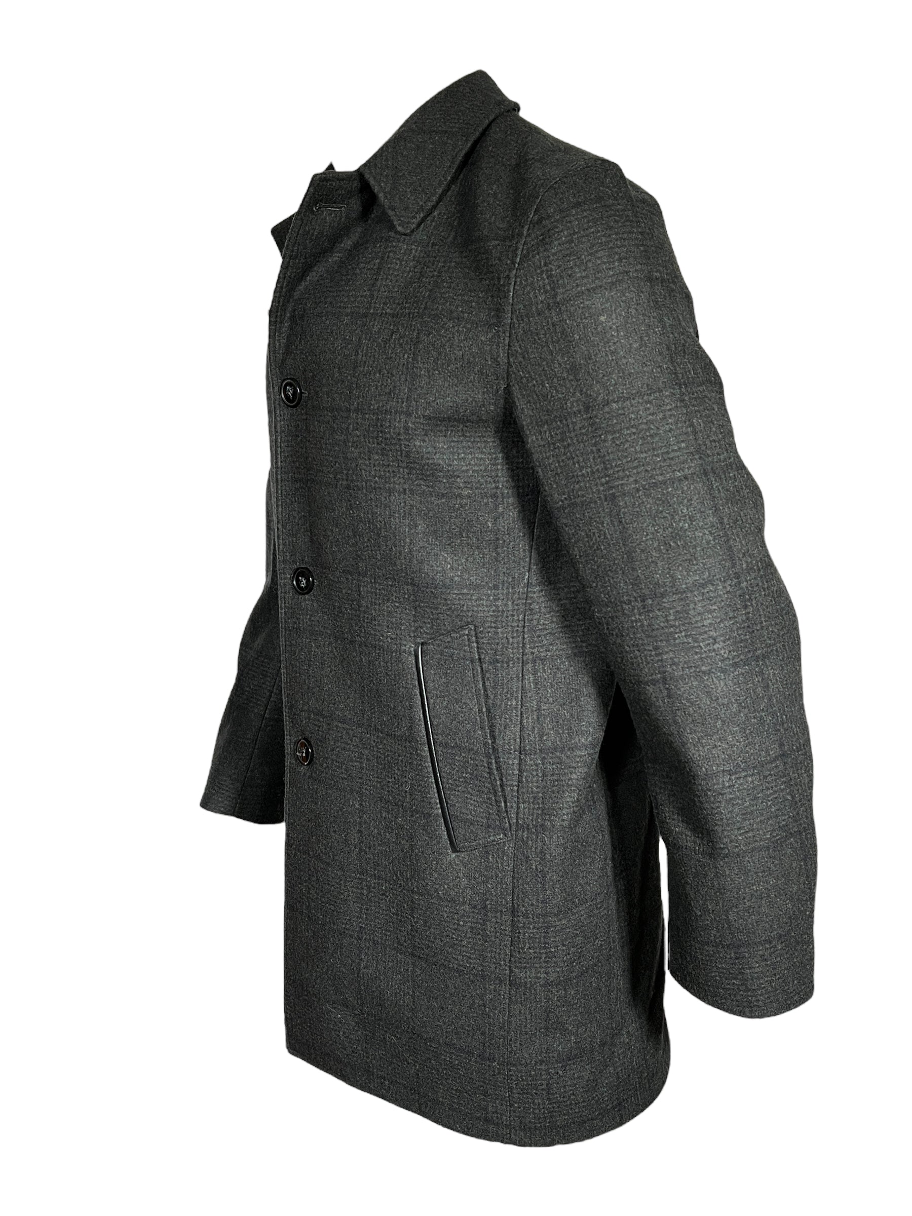OARS & OLD IVY WOOL WALKING COAT WITH LEATHER TRIM - OLIVE PLAID
