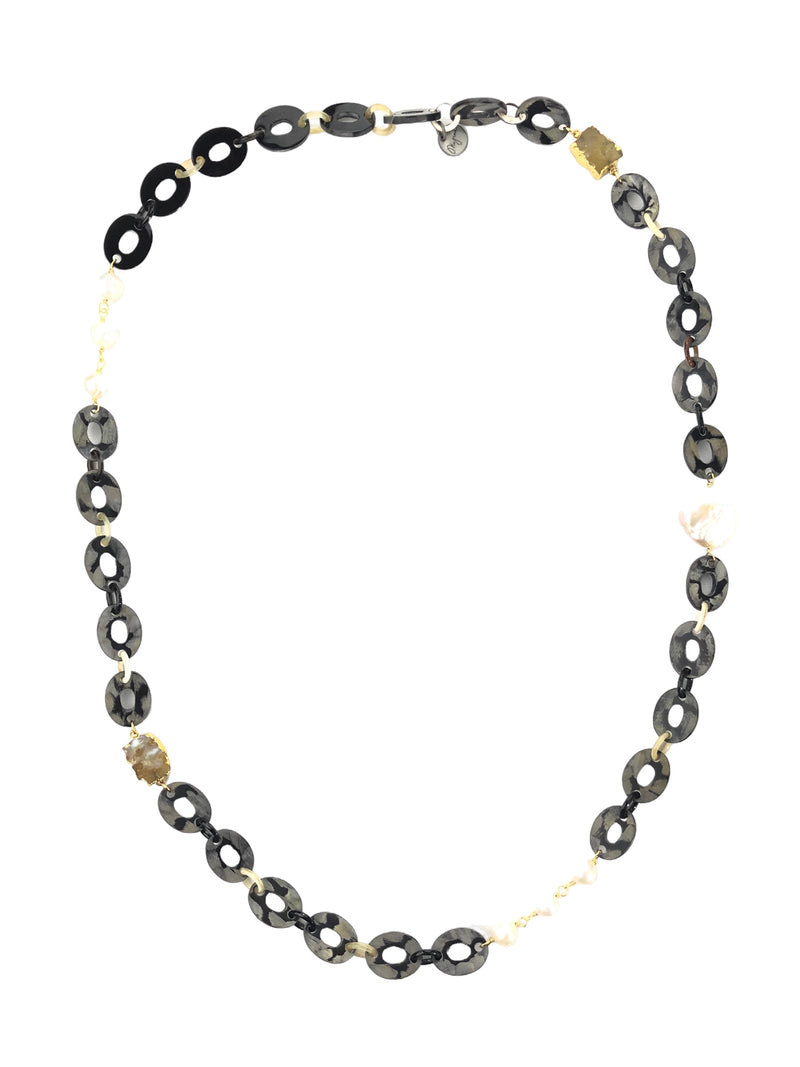 BUTTON DOWN STONE LINK WITH SOAPSTONE AND FRESHWATER PEARL NECKLACE