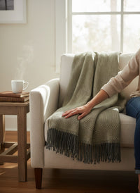 JOHNSTONS OF ELGIN MERINO THROW - GREY/OCHRE HERRINGBONE