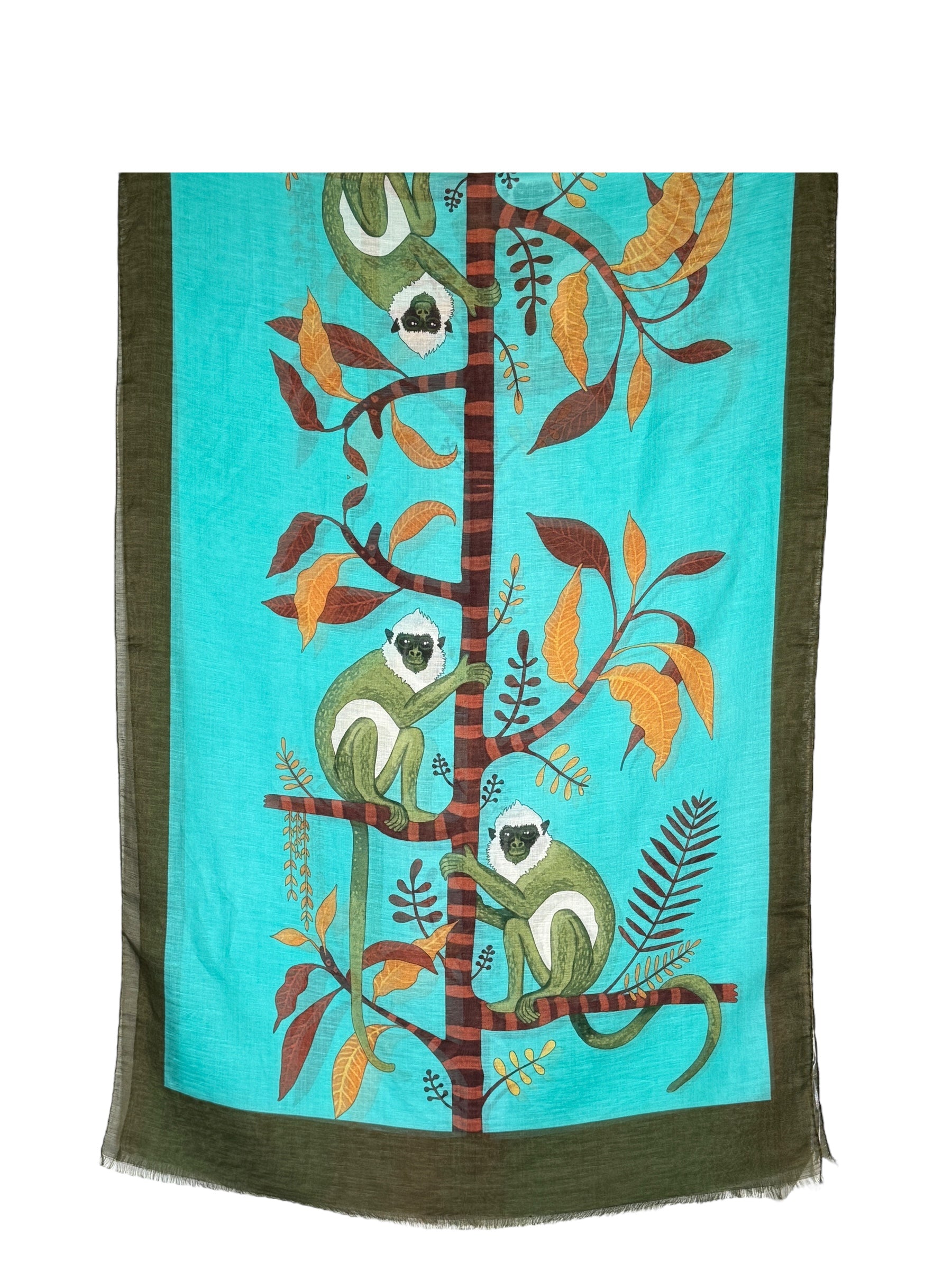 CALABRESE 1924 LINEN & SILK SCARF - AQUA SPIDER MONKEYS