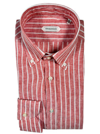 GUGLIELMINOTTI LINEN SHIRT - CORAL WITH WHITE STRIPE