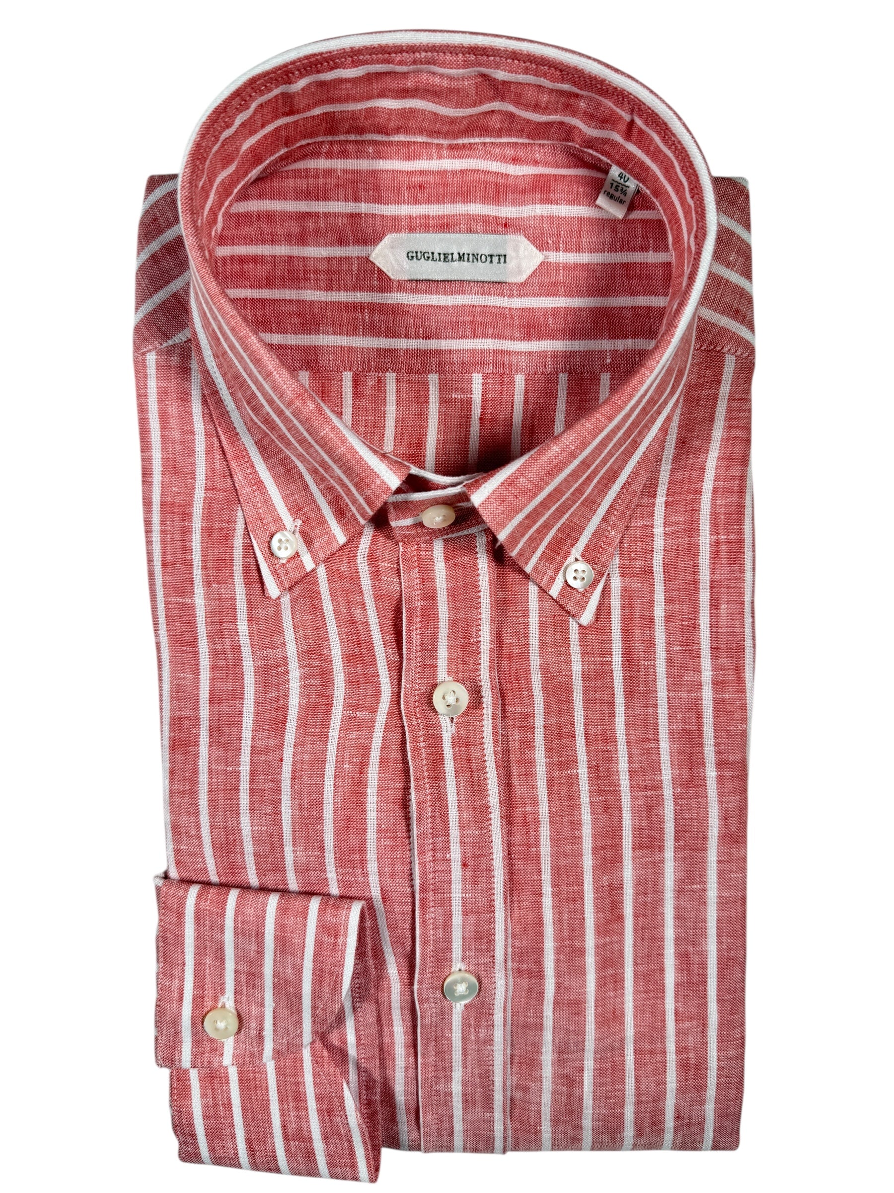 GUGLIELMINOTTI LINEN SHIRT - CORAL WITH WHITE STRIPE