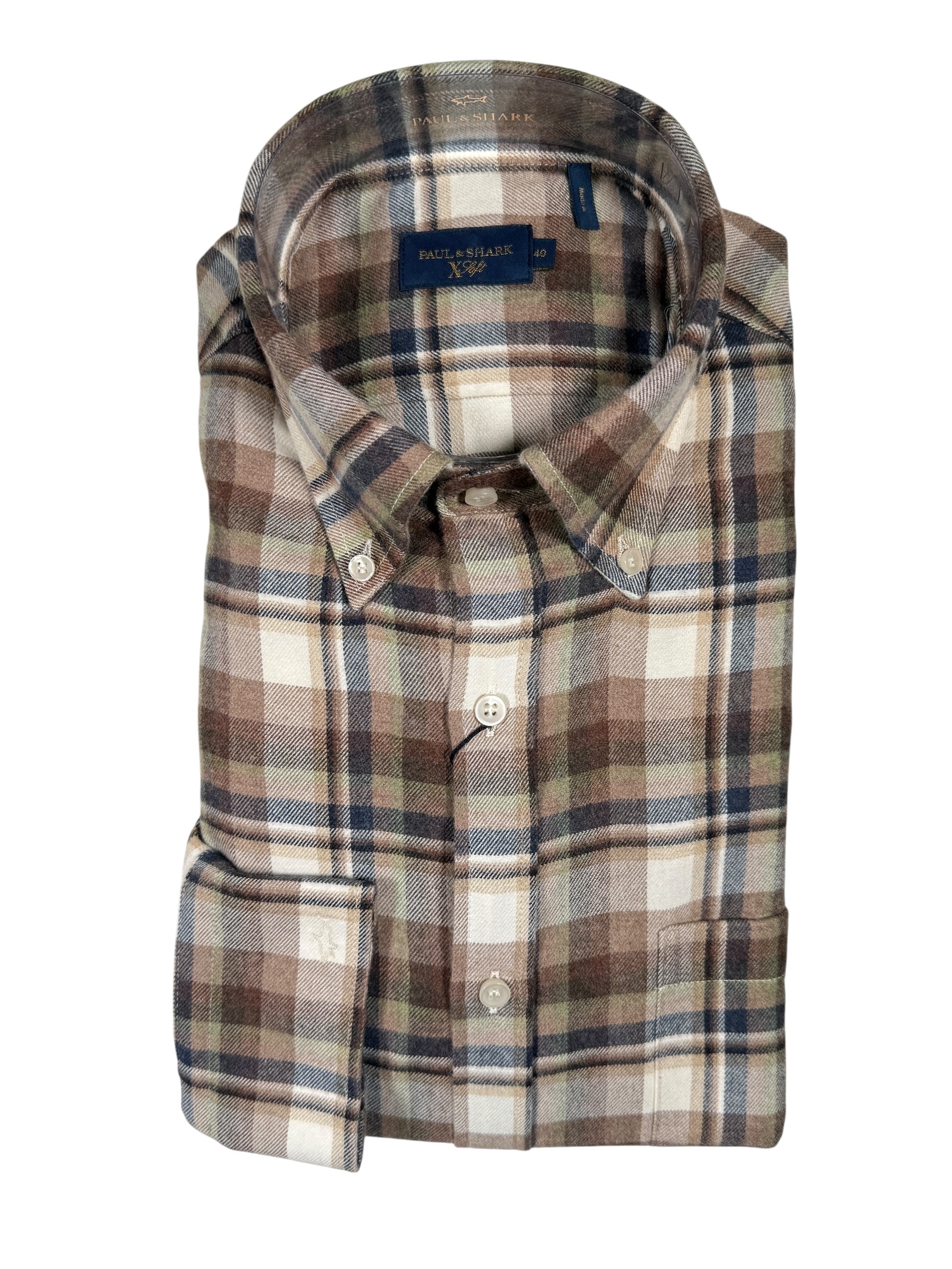 PAUL & SHARK MEN'S SHIRT - BROWN PLAID FLANNEL