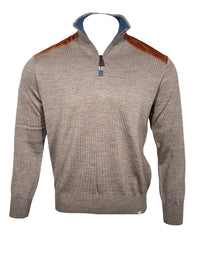 PAUL & SHARK COOL TOUCH WOOL 1/4 ZIP MEN'S SWEATER WITH CORD TRIM - BEIGE WITH BROWN