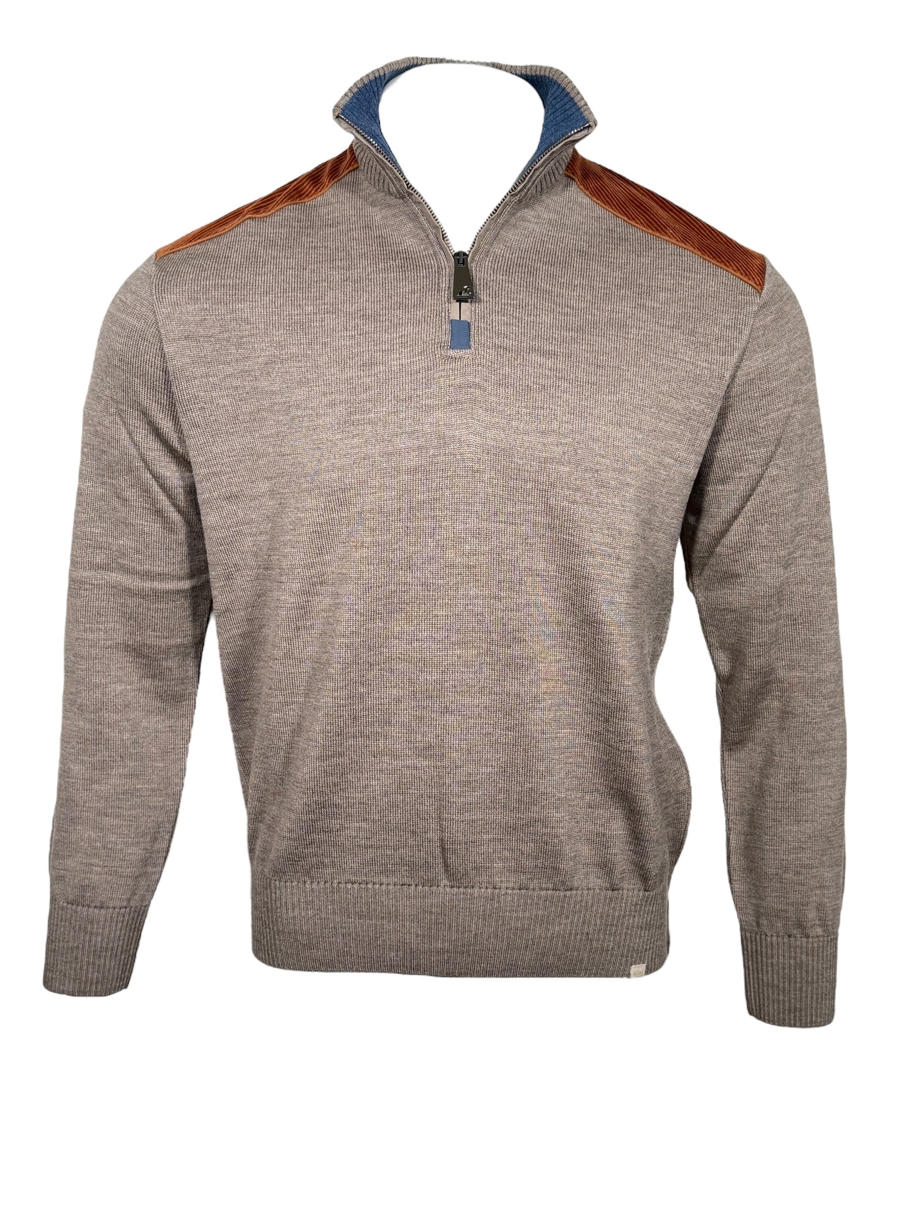 PAUL & SHARK COOL TOUCH WOOL 1/4 ZIP MEN'S SWEATER WITH CORD TRIM - BEIGE WITH BROWN