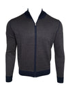 BUTTON DOWN BIRDSEYE FULL ZIP SWEATER - BROWN/NAVY