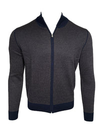 BUTTON DOWN BIRDSEYE FULL ZIP SWEATER - BROWN/NAVY