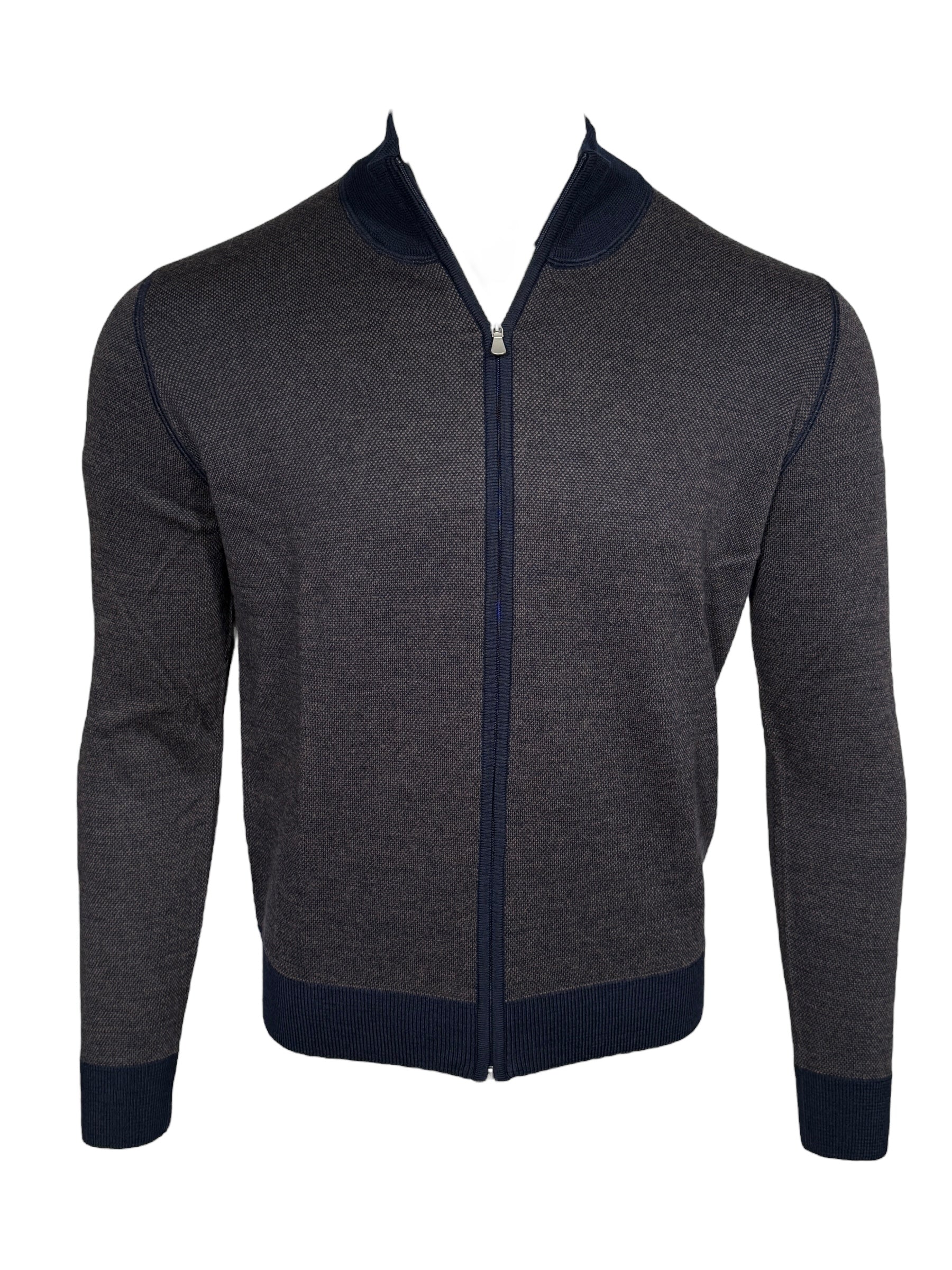 BUTTON DOWN BIRDSEYE FULL ZIP SWEATER - BROWN/NAVY