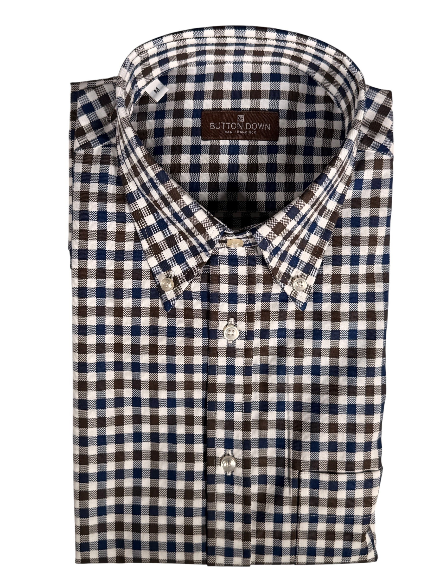 BUTTON DOWN SPORT SHIRT - NAVY/BROWN GINGHAM