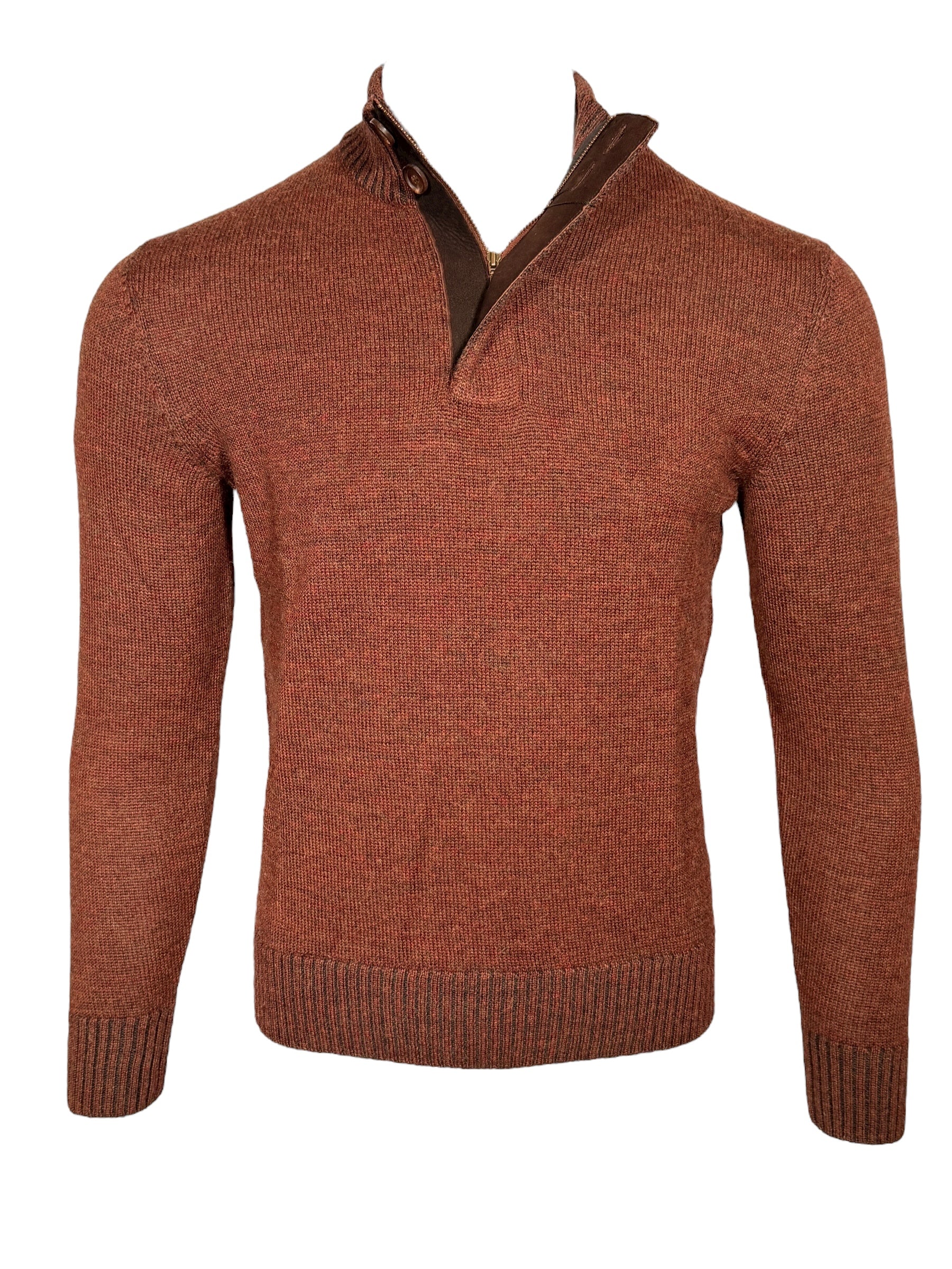 PERU UNLIMITED 1/4 ZIP SWEATER WITH LEATHER TRIM - RUST
