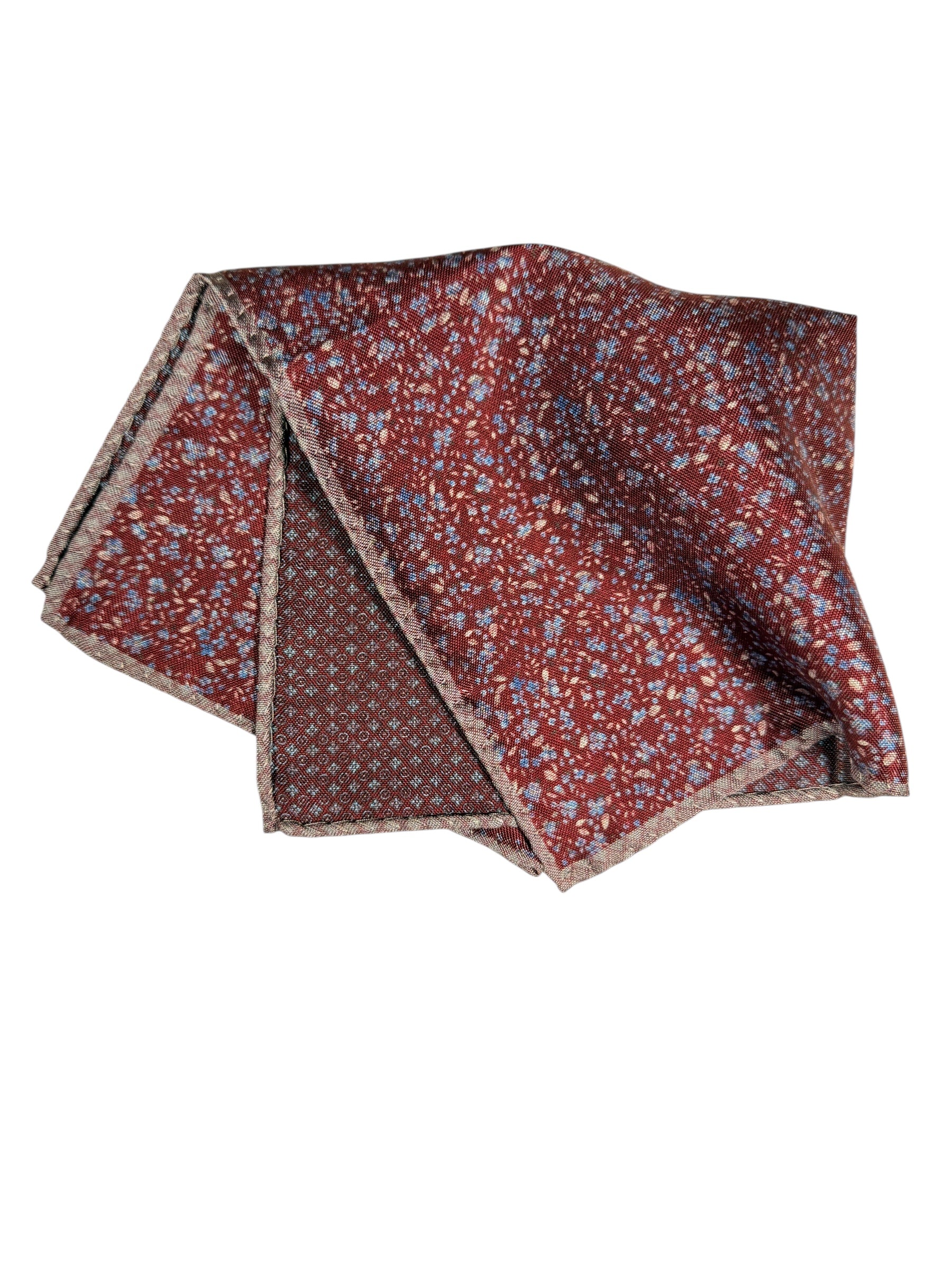 DION SILK DOUBLE-SIDED POCKET SQUARE - BURGUNDY FLORAL/QUATREFOIL NEAT