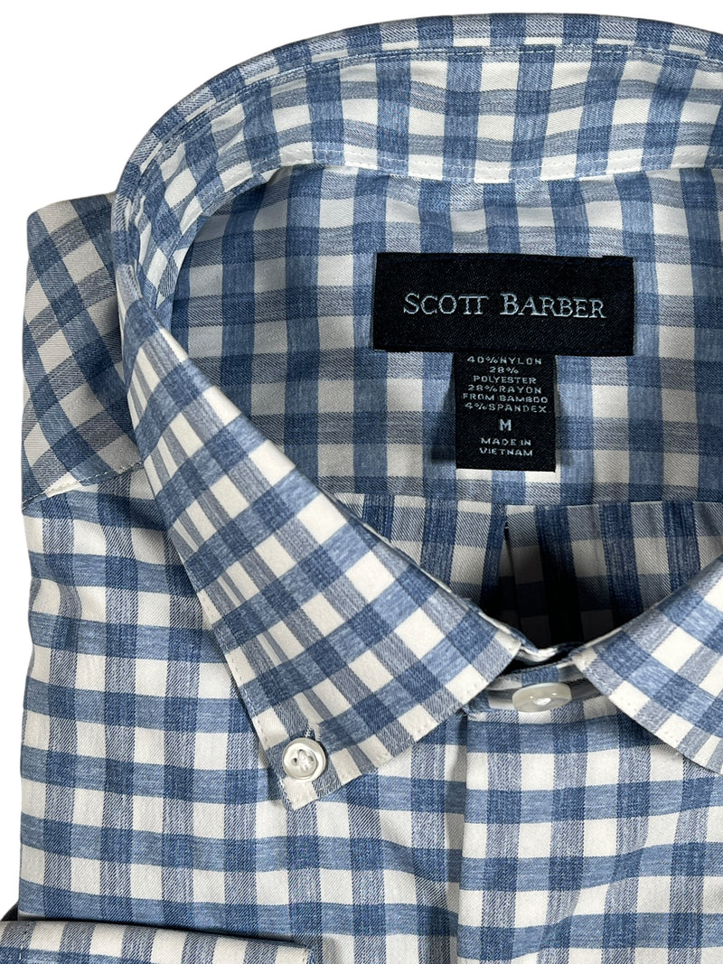 SCOTT BARBER SOFT PERFORMANCE MELANGE GINGHAM MEN’S SHIRT - BLUE