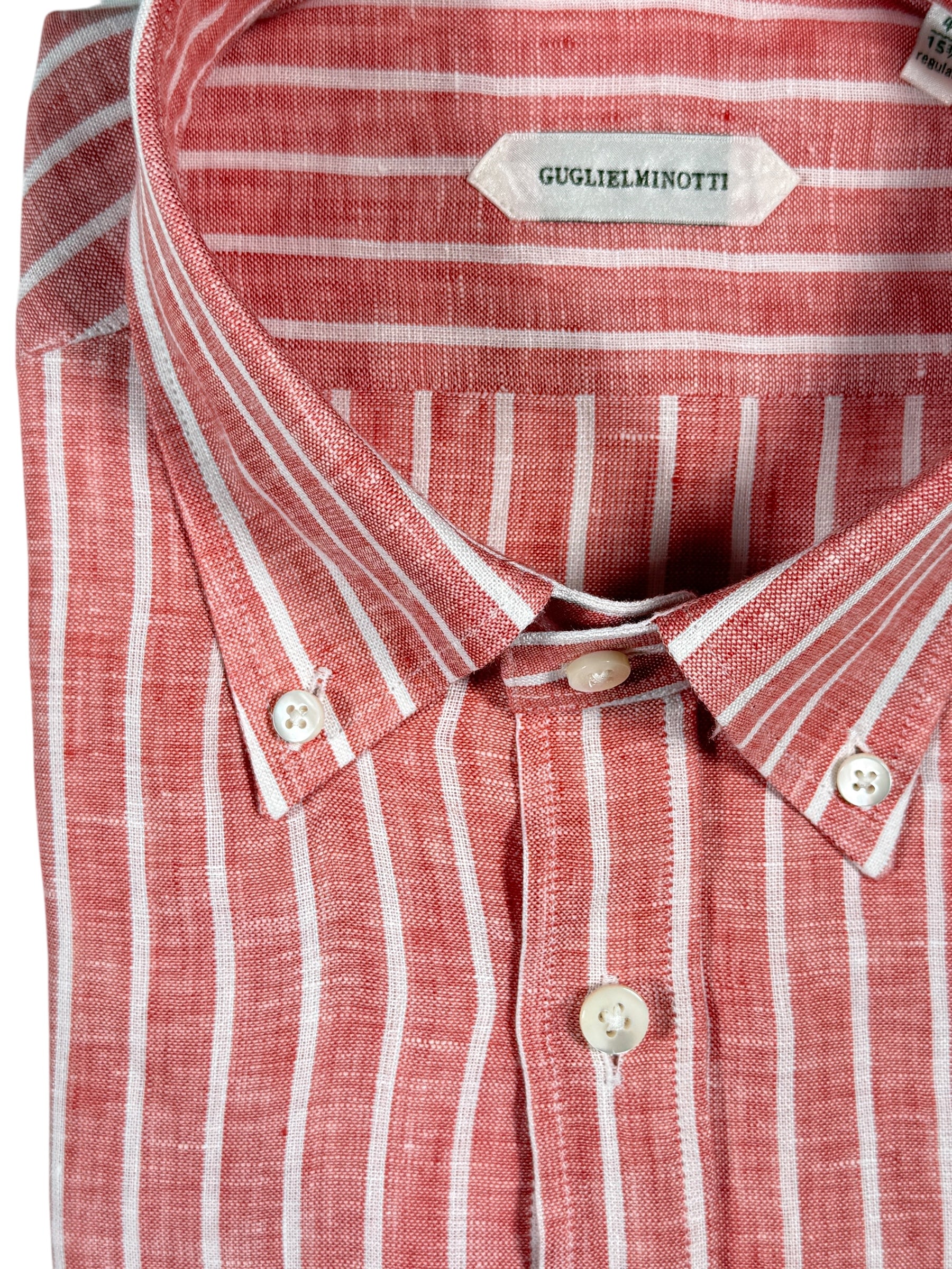 GUGLIELMINOTTI LINEN SHIRT - CORAL WITH WHITE STRIPE
