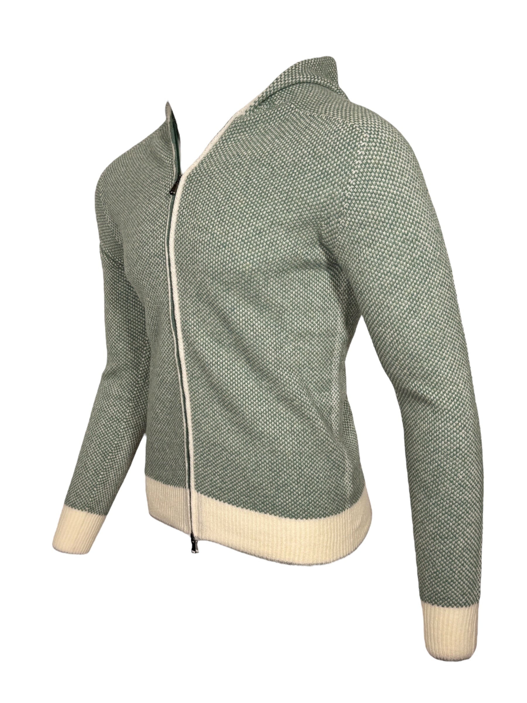 FRADI HONEYCOMB STITCH FULL ZIP SWEATER - MILK/GREEN