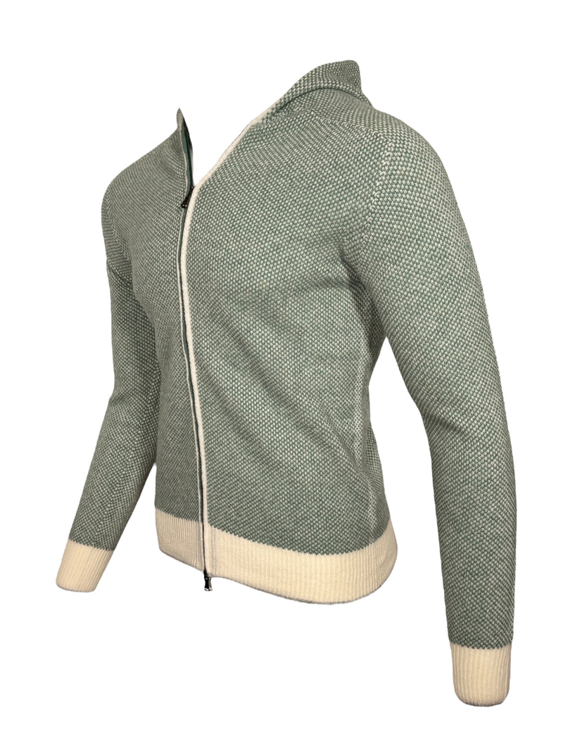 FRADI HONEYCOMB STITCH FULL ZIP SWEATER - MILK/GREEN
