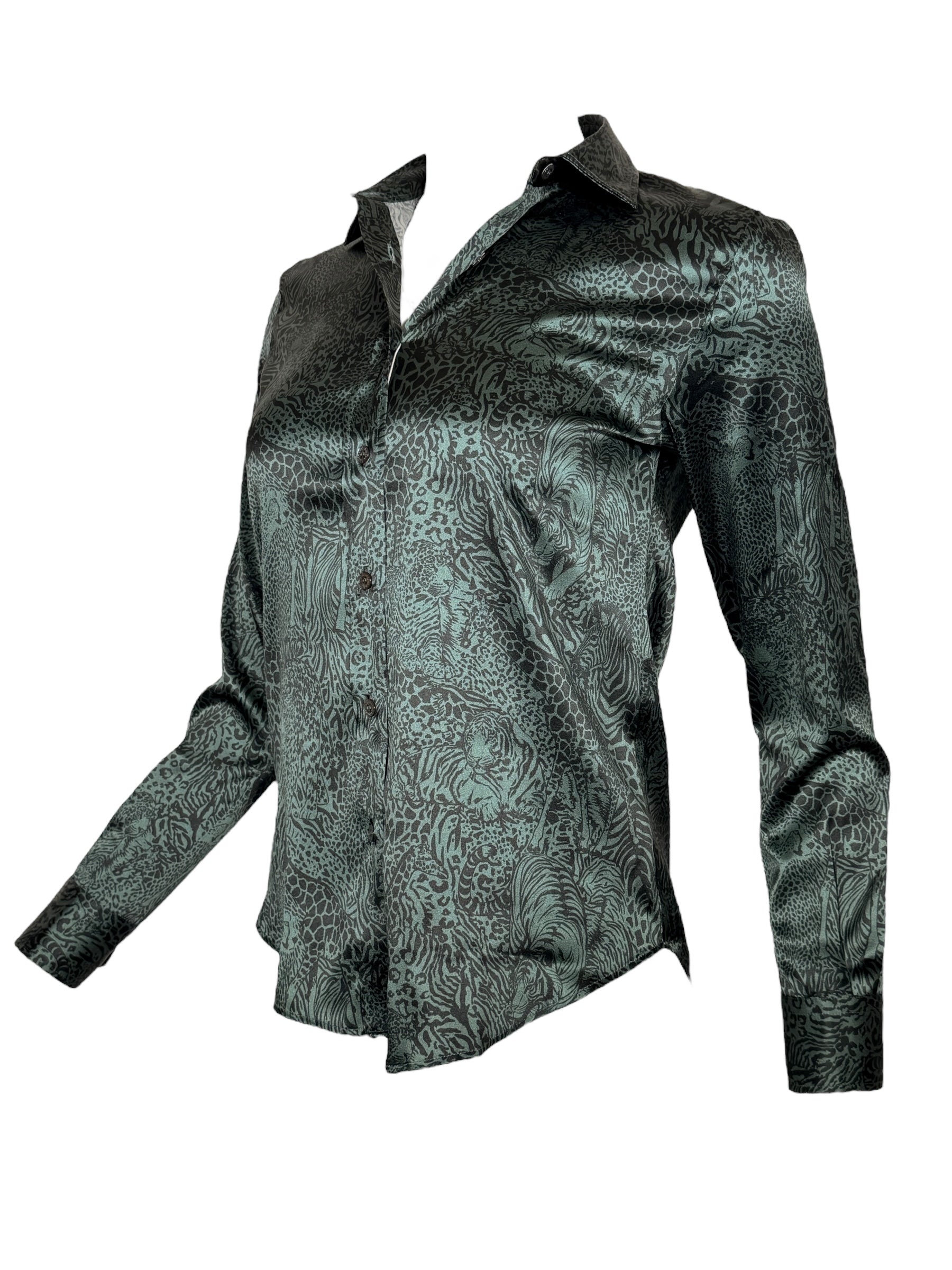 AMINA RUBINACCI ANIMAL PRINT SILK BLOUSE - MALACHITE
