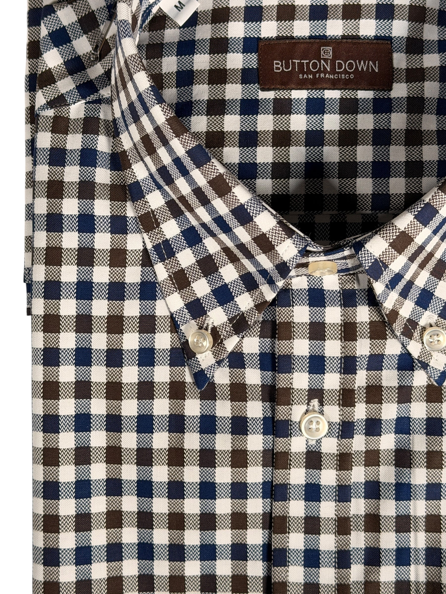 BUTTON DOWN SPORT SHIRT - NAVY/BROWN GINGHAM