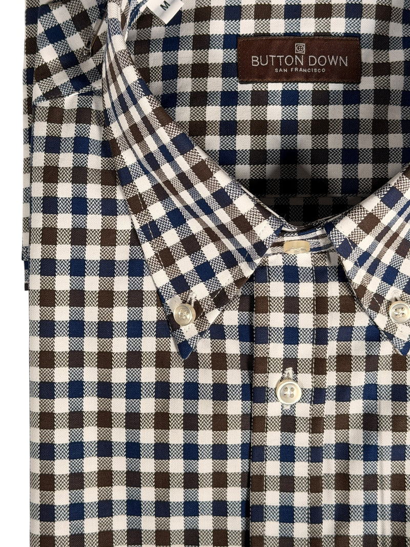 BUTTON DOWN SPORT SHIRT - NAVY/BROWN GINGHAM