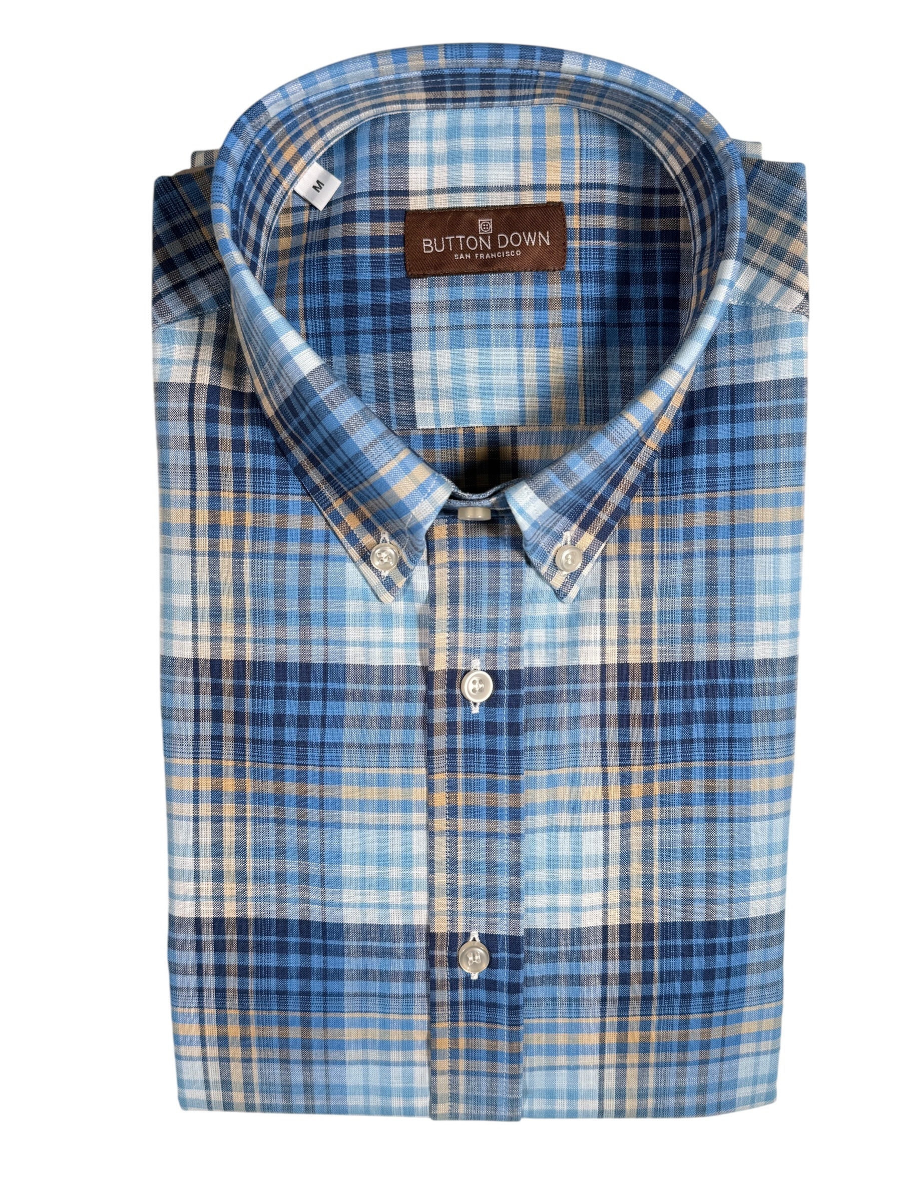 BUTTON DOWN SPORT SHIRT - BLUE & TAN CHECK