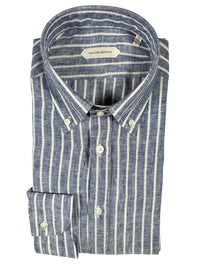 GUGLIELMINOTTI LINEN SHIRT - NAVY WITH WHITE STRIPE