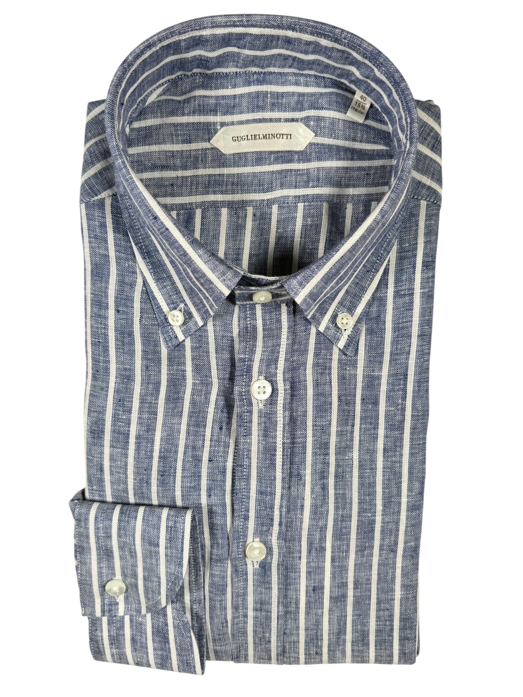 GUGLIELMINOTTI LINEN SHIRT - NAVY WITH WHITE STRIPE