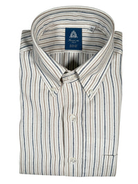 FINAMORE 1925 SHIRT - COTTON-CASHMERE STEEL/TAUPE STRIPE