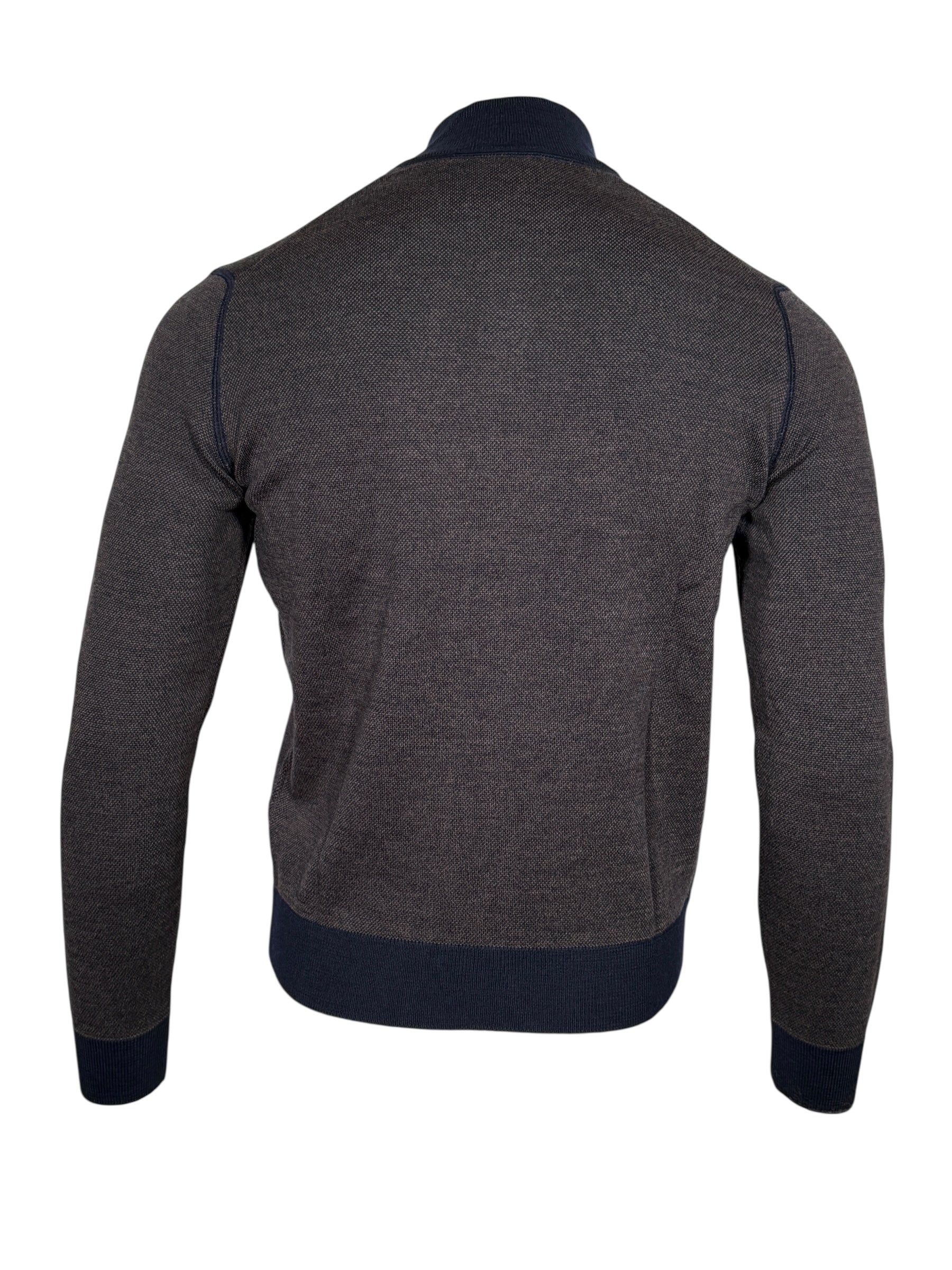 BUTTON DOWN BIRDSEYE FULL ZIP SWEATER - BROWN/NAVY