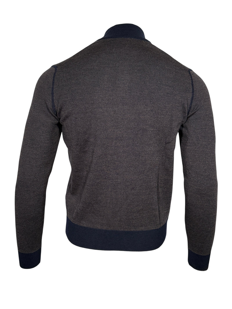 BUTTON DOWN BIRDSEYE FULL ZIP SWEATER - BROWN/NAVY
