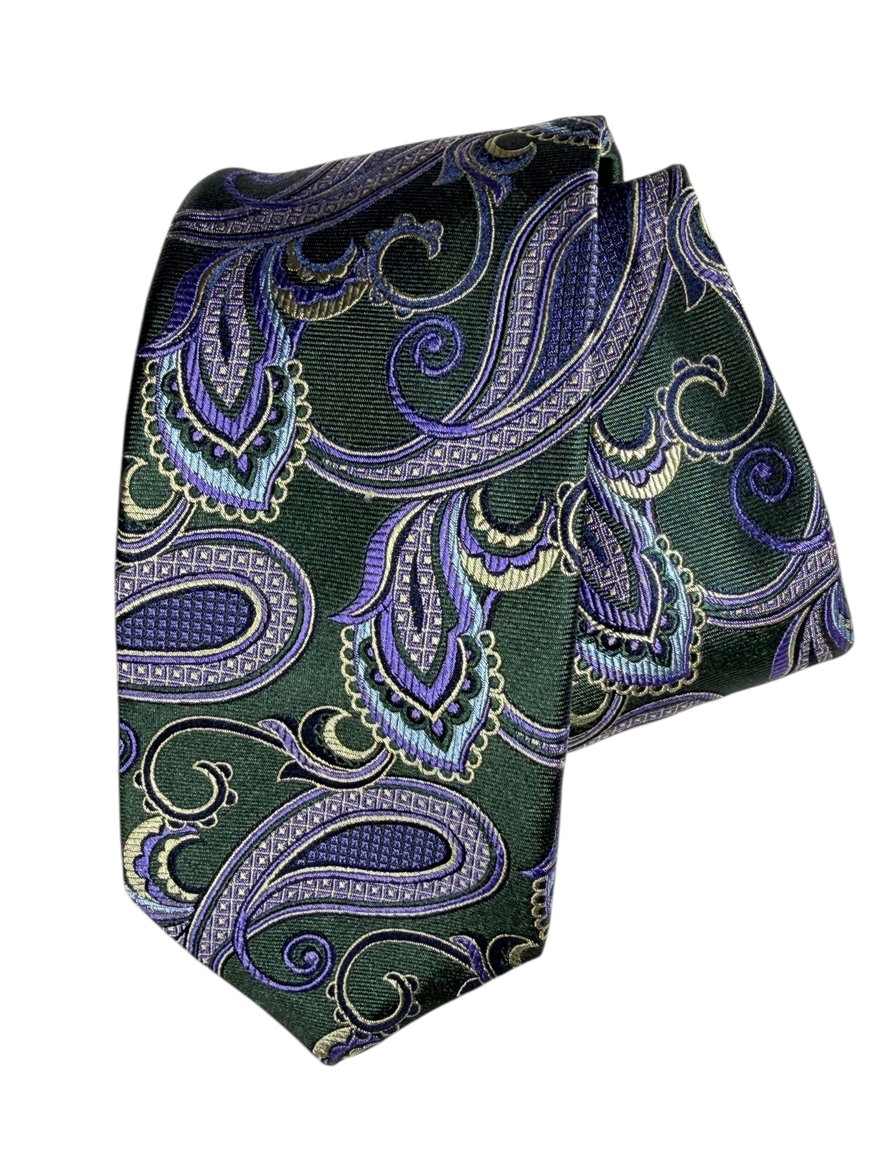 DION SILK TIE - GREEN/PURPLE PAISLEY