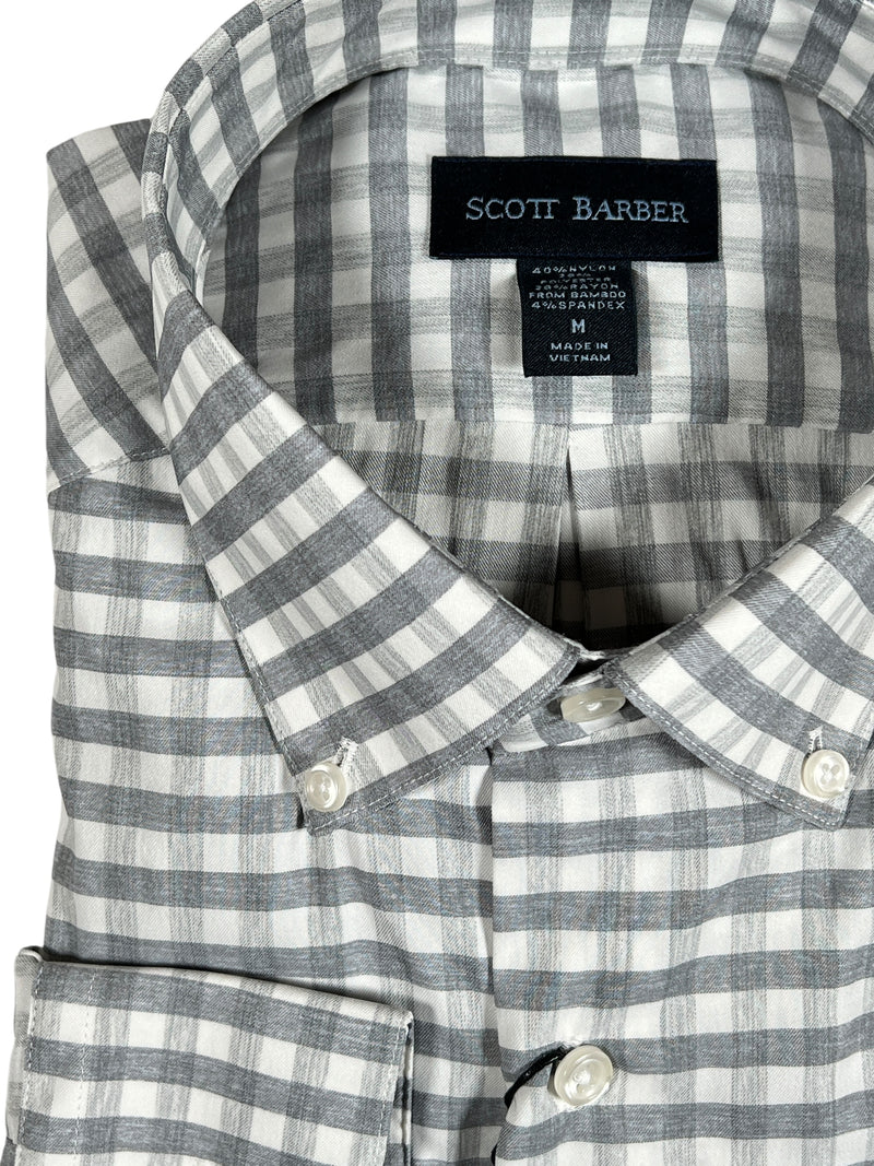 SCOTT BARBER SOFT PERFORMANCE MELANGE GINGHAM MEN’S SHIRT - GREY HEATHER