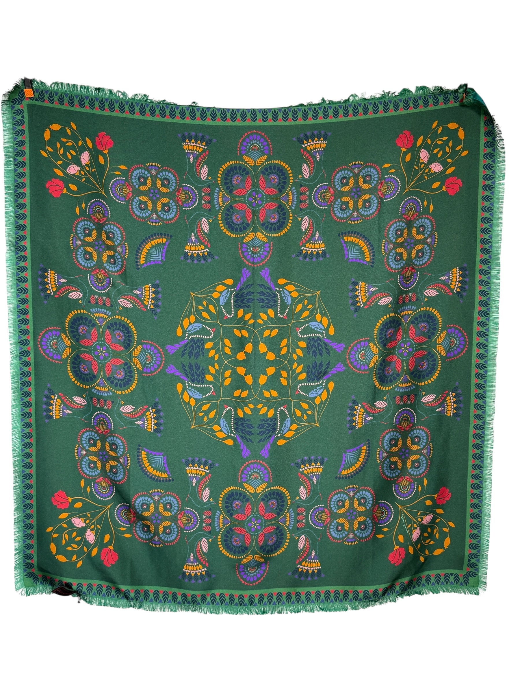 FRANCO FERRARI DOUBLE-SIDED SILK SQUARE SCARF - TEAL/GREEN TILE