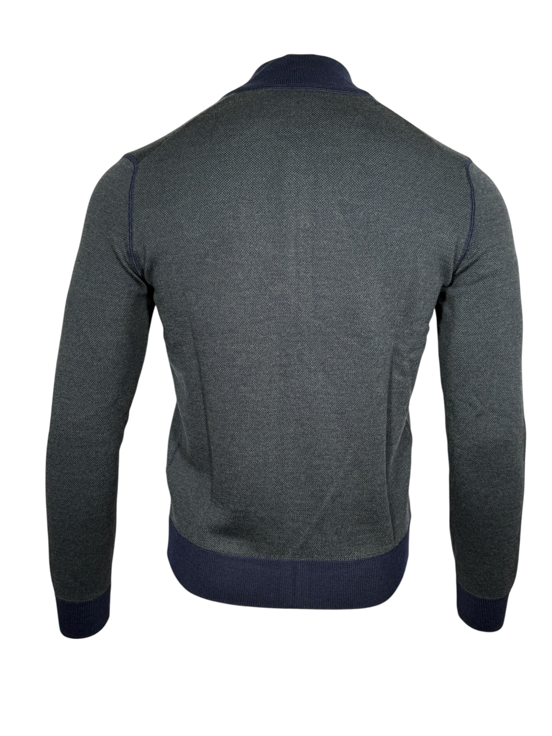 BUTTON DOWN BIRDSEYE FULL ZIP SWEATER - GREEN/NAVY