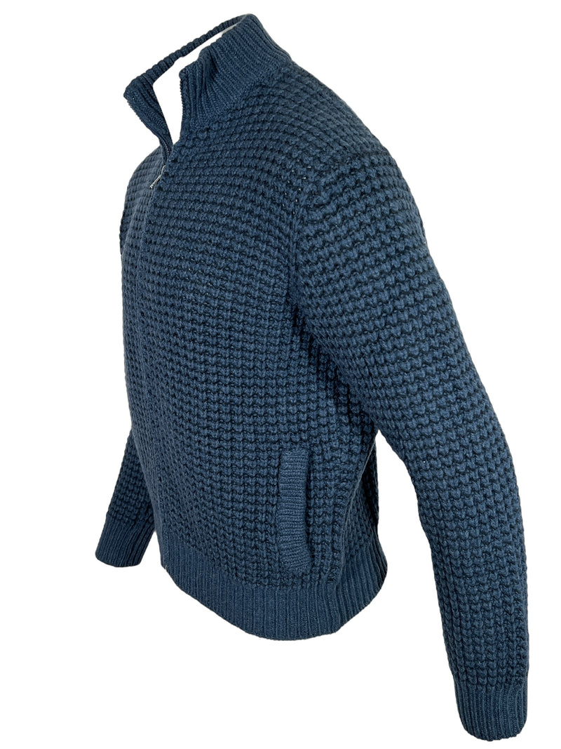 FEDELI WOOL BULL STITCH FULL ZIP SWEATER - NAVY/BLUE MIX