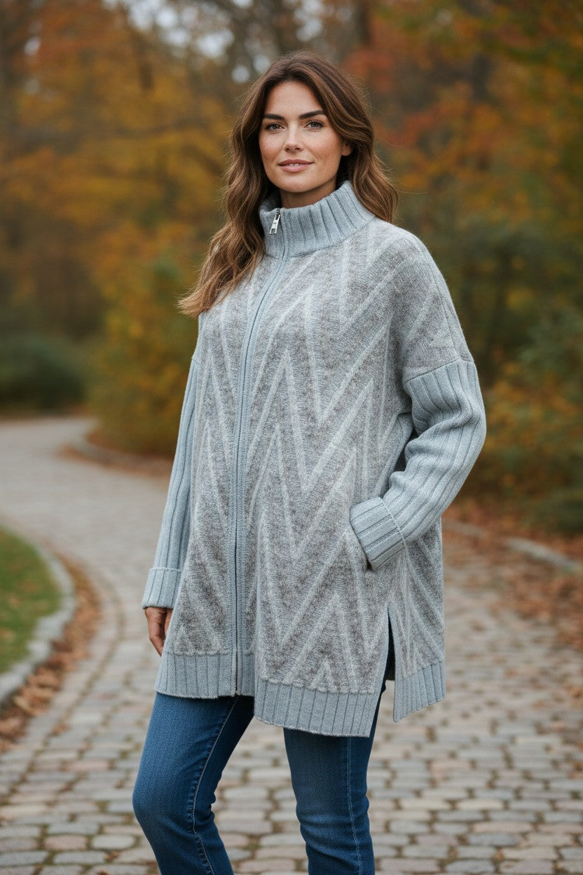 D.EXTERIOR FULL ZIP SWEATER JACKET - AZZURRO