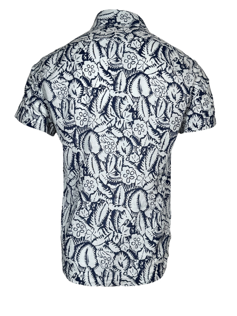 GMF 965 MEN'S LINEN BLEND SHORT-SLEEVE SPORT SHIRT - NAVY/WHITE TROPICAL