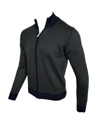 BUTTON DOWN BIRDSEYE FULL ZIP SWEATER - GREEN/NAVY