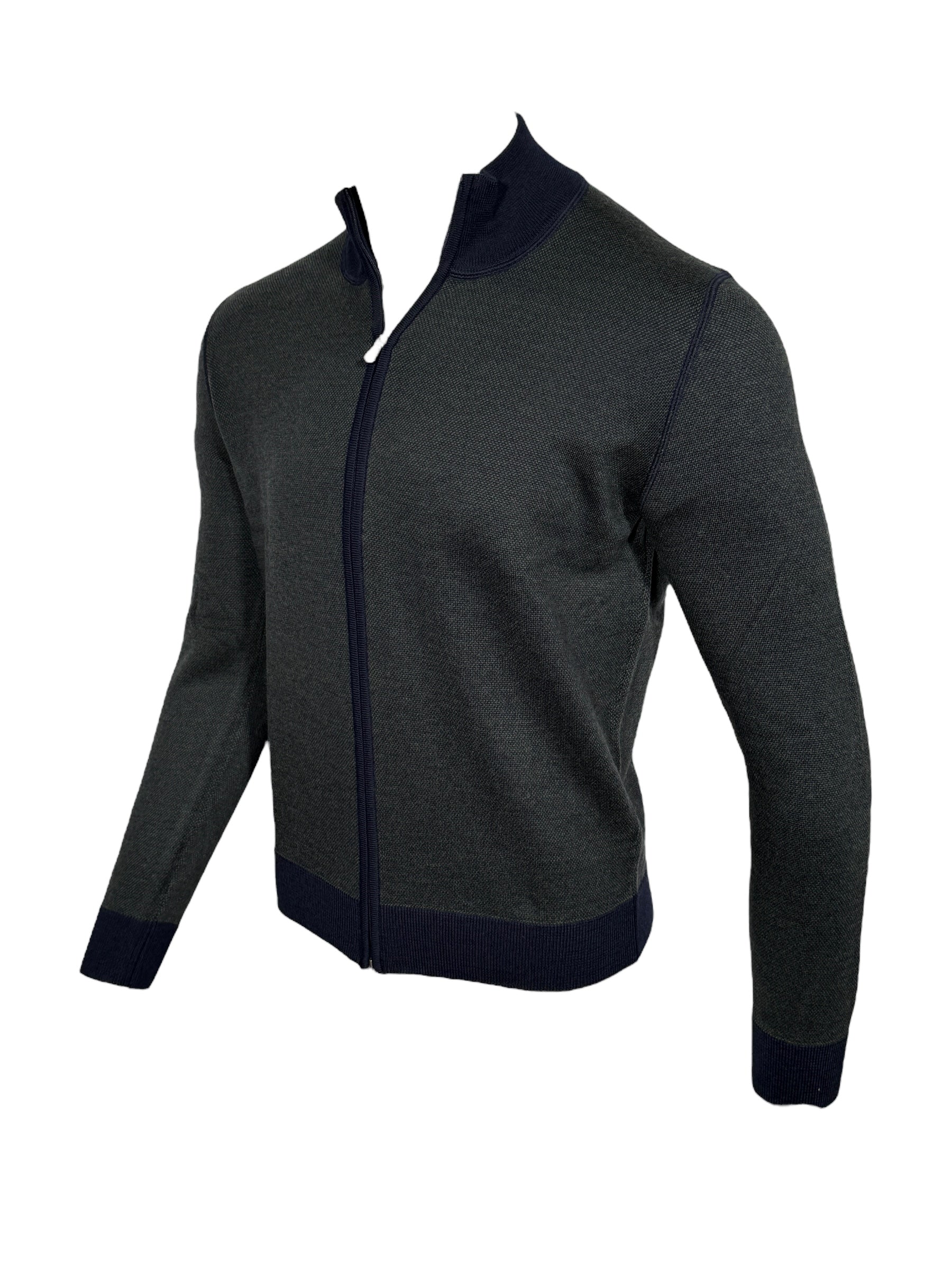 BUTTON DOWN BIRDSEYE FULL ZIP SWEATER - GREEN/NAVY