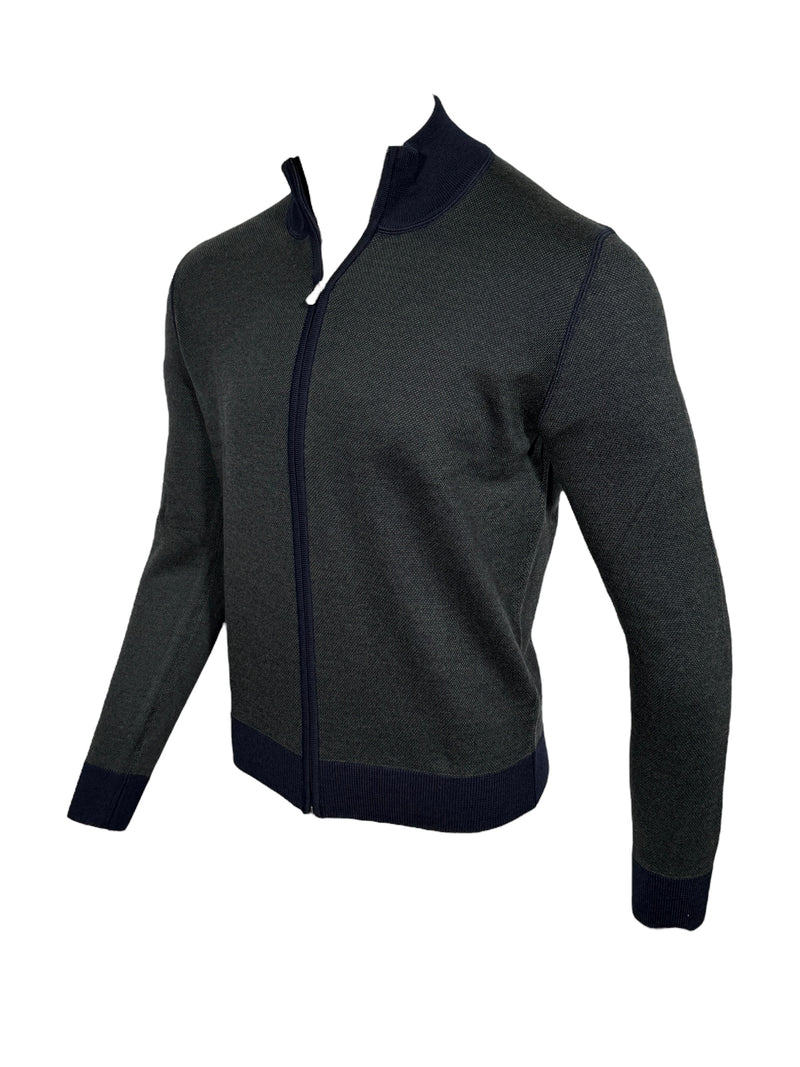 BUTTON DOWN BIRDSEYE FULL ZIP SWEATER - GREEN/NAVY