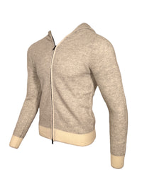 FRADI HONEYCOMB STITCH FULL ZIP HOODED SWEATER - MILK/GREY