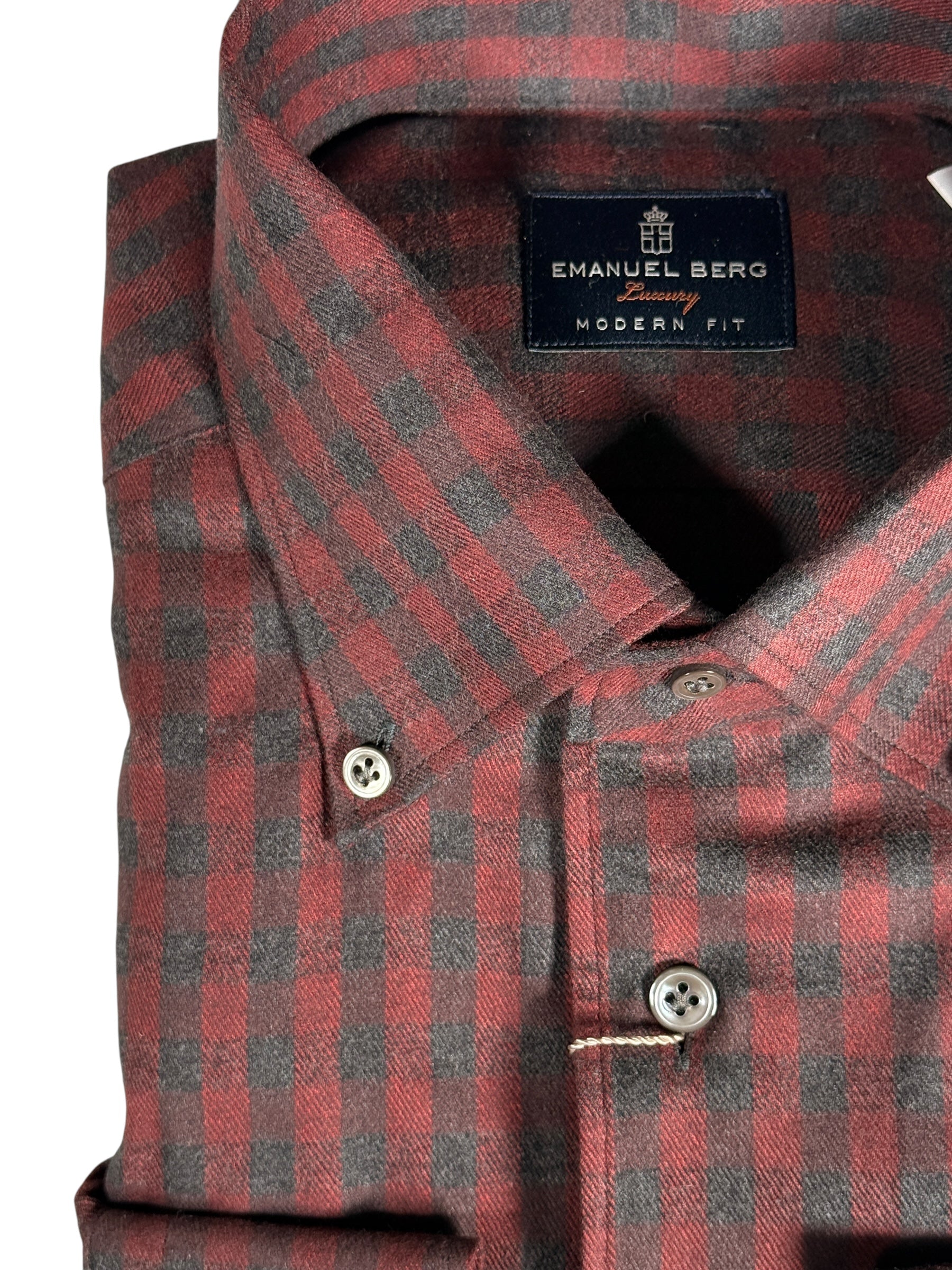 EMANUEL BERG CHECKED TWILL MELANGE PREMIUM LUXURY MEN'S SHIRT - DARK RED
