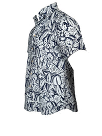 GMF 965 MEN'S LINEN BLEND SHORT-SLEEVE SPORT SHIRT - NAVY/WHITE TROPICAL