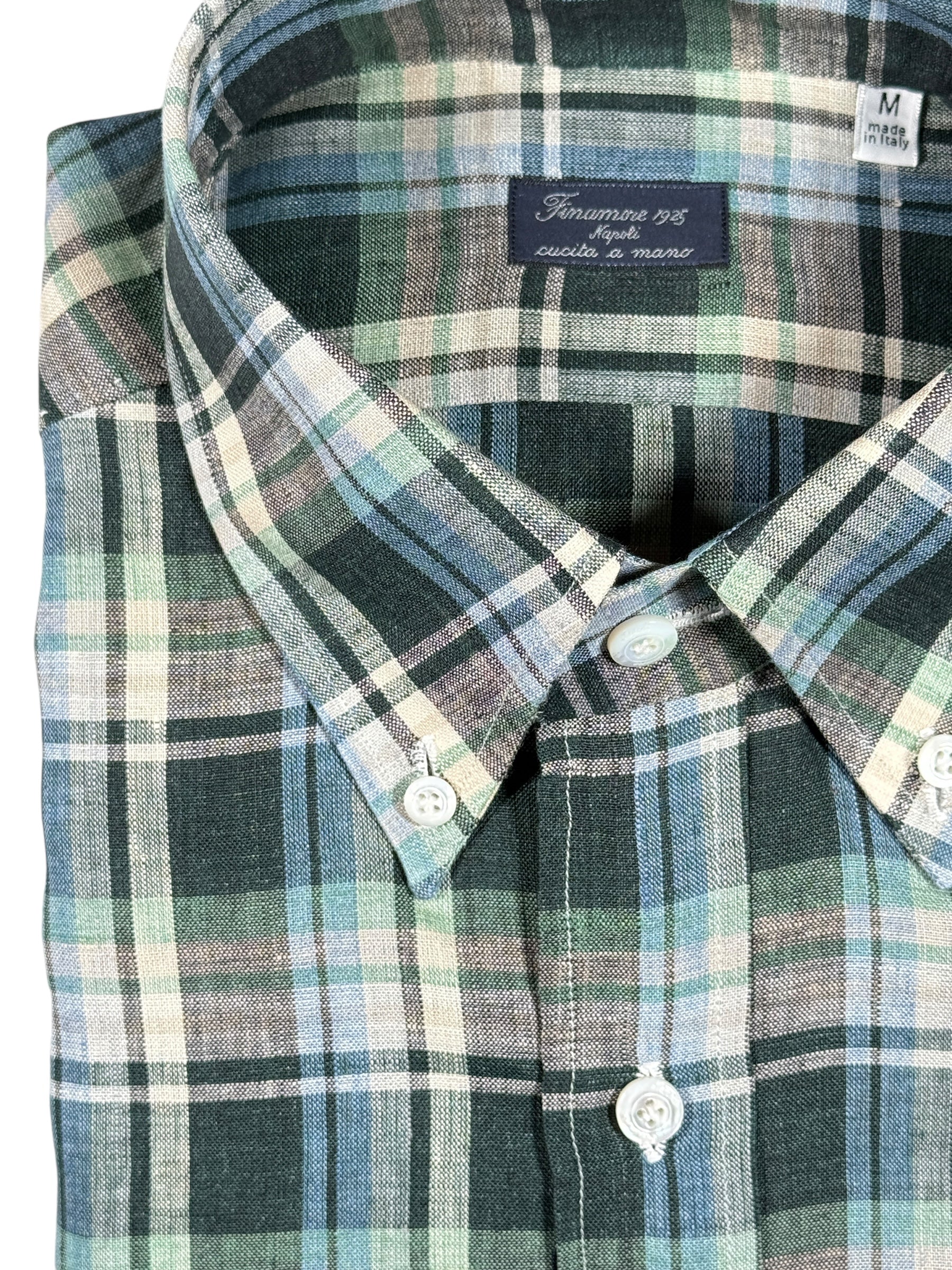 FINAMORE 1925 SPORT LINEN SHIRT - GREEN/TAN PLAID