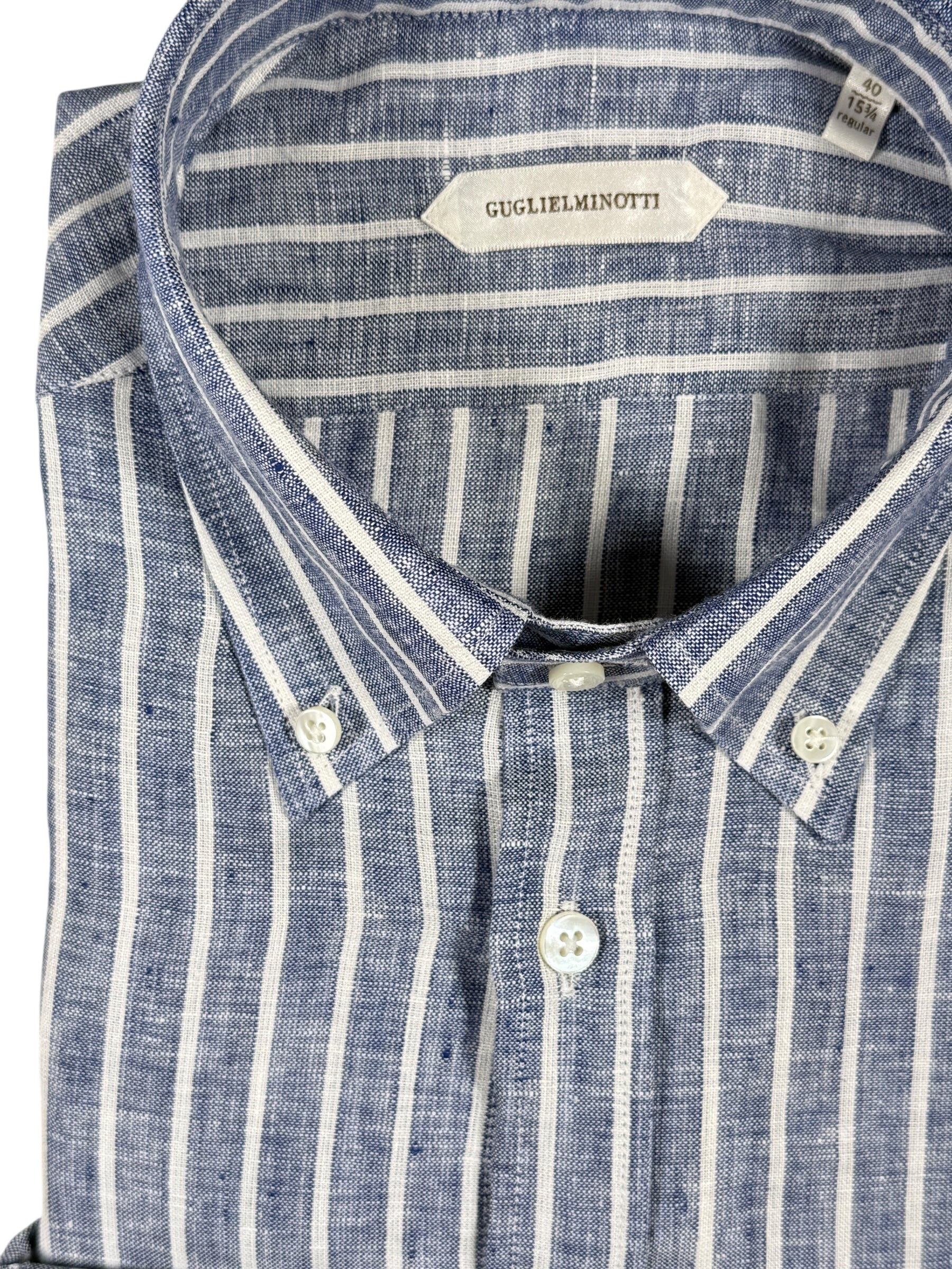 GUGLIELMINOTTI LINEN SHIRT - NAVY WITH WHITE STRIPE