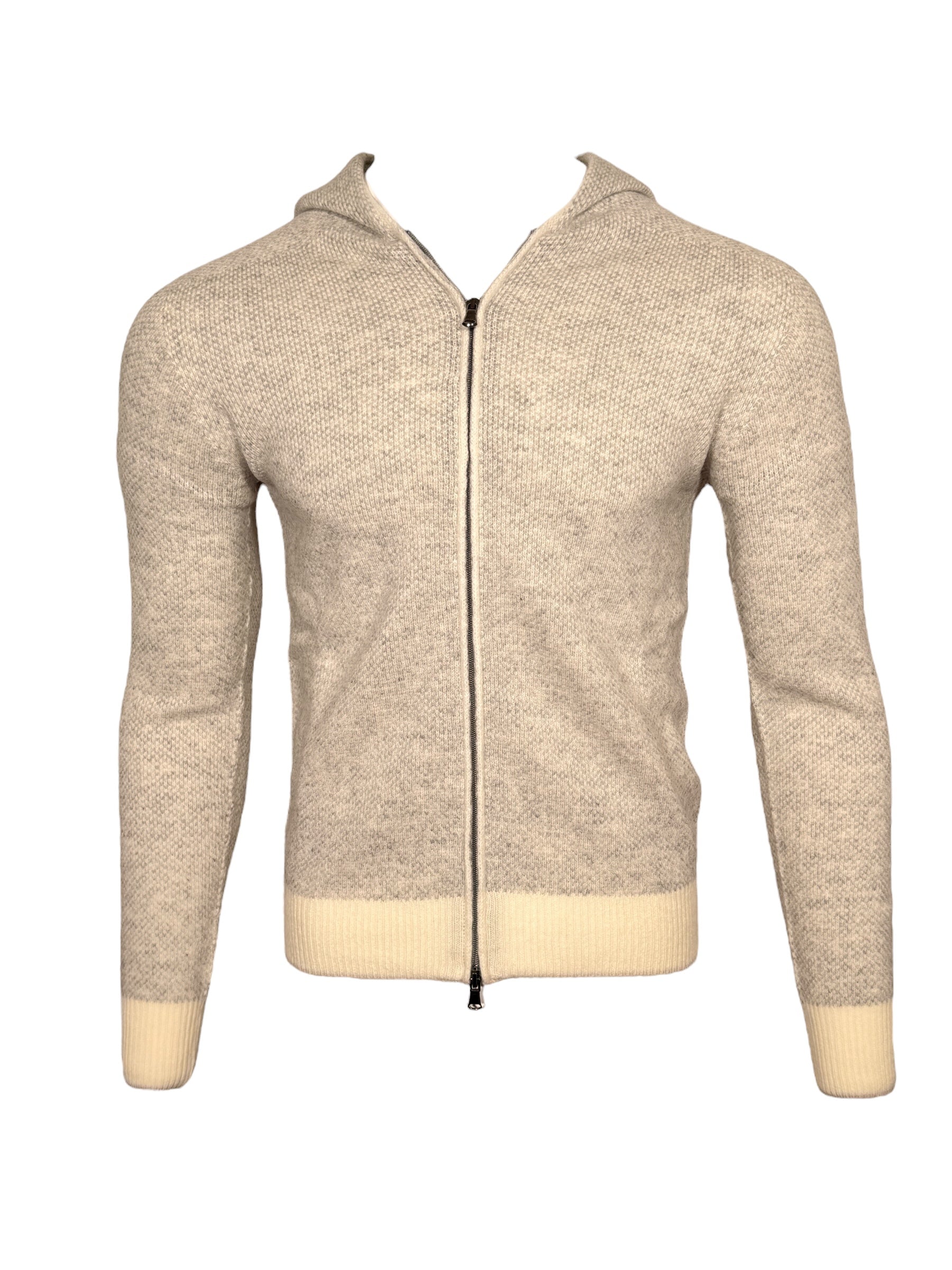FRADI HONEYCOMB STITCH FULL ZIP HOODED SWEATER - MILK/GREY
