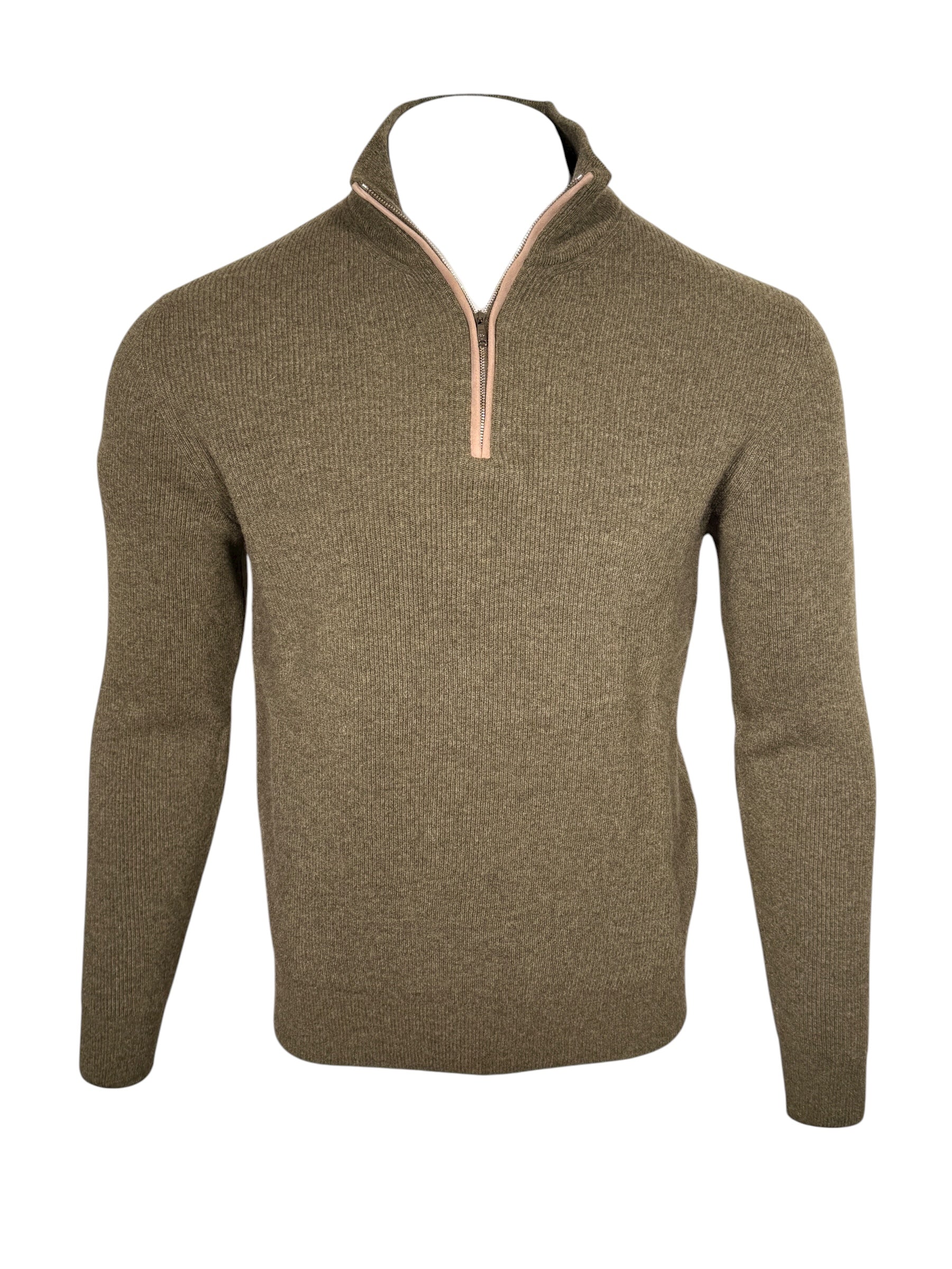FIORONI CASHMERE MEN'S SUEDE TRIM RIBBED 1/4 ZIP SWEATER - BORNEO