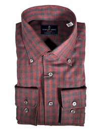 EMANUEL BERG CHECKED TWILL MELANGE PREMIUM LUXURY MEN'S SHIRT - DARK RED