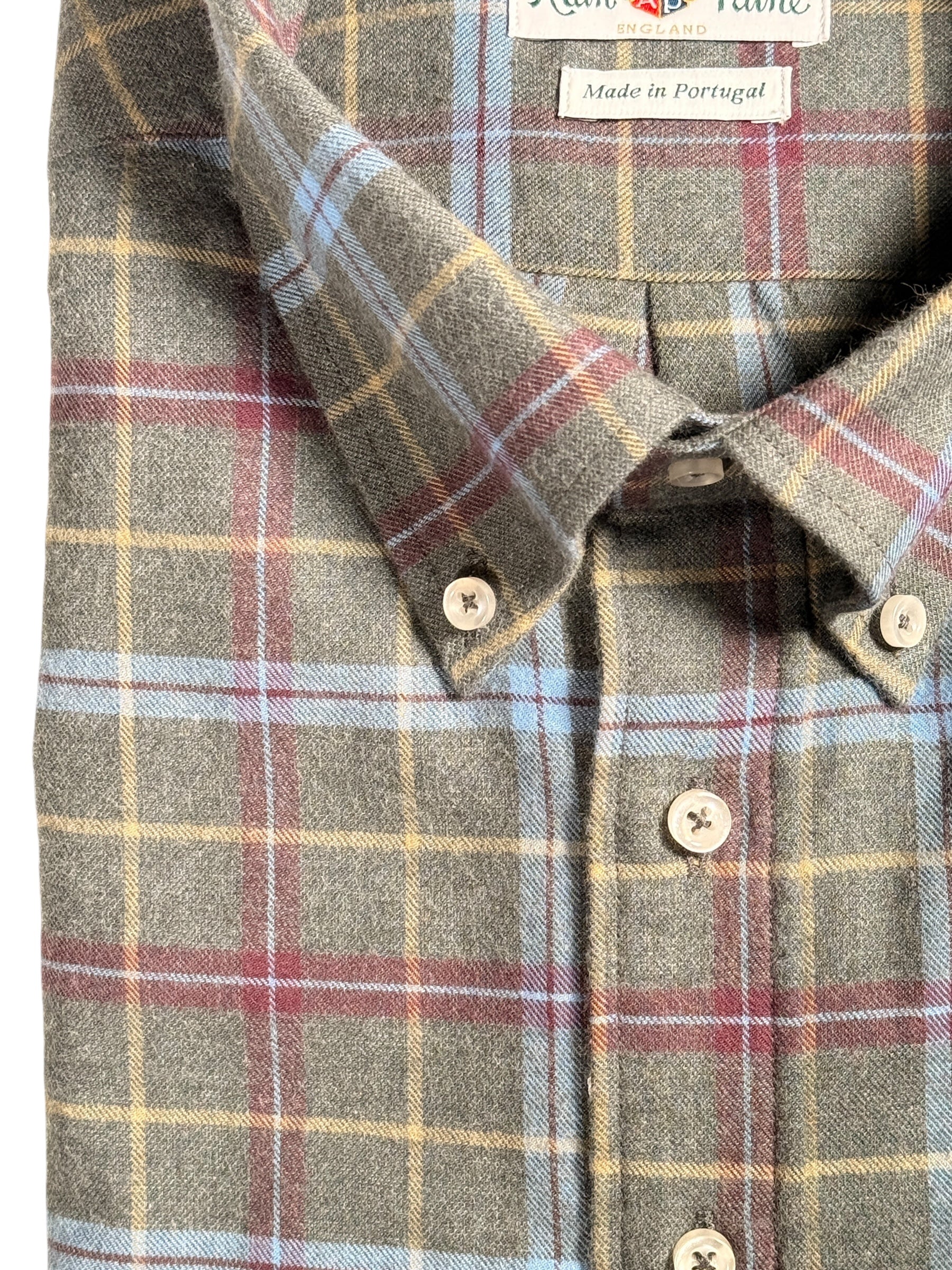 ALAN PAINE CLASSIC FIT SHIRT - OLIVE/LIGHT BLUE PLAID FLANNEL