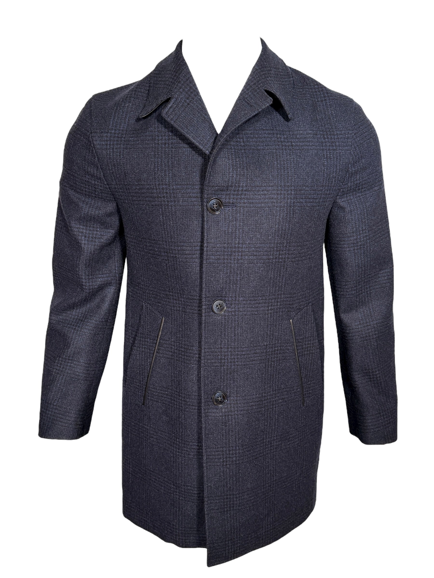 OARS & OLD IVY WOOL WALKING COAT WITH LEATHER TRIM - NAVY PLAID